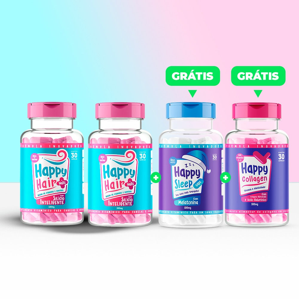Happy Hair 2 Potes + 1 Melatonina Grátis + 1 Colágeno Grátis